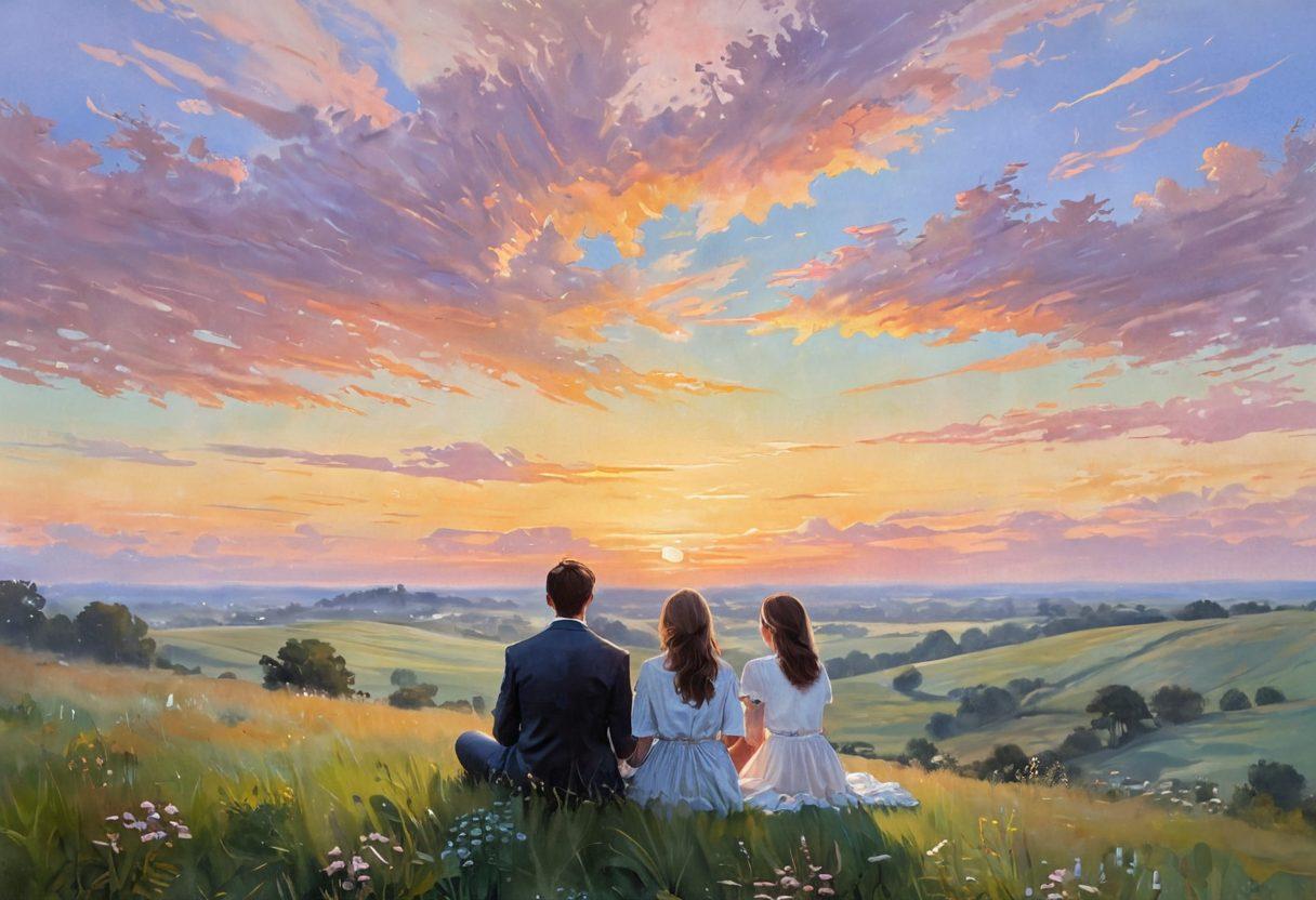 A serene dawn landscape with soft pastel colors illuminating the sky, symbolizing awakening. In the foreground, a couple sits together on a grassy hill, their silhouettes expressing tenderness and devotion as they gaze at the sunrise. Gentle flowers bloom around them, enhancing the feeling of love and warmth. The scene captures a moment of tranquility and intimacy, invoking a sense of peaceful connection. impressionist painting. soft hues.