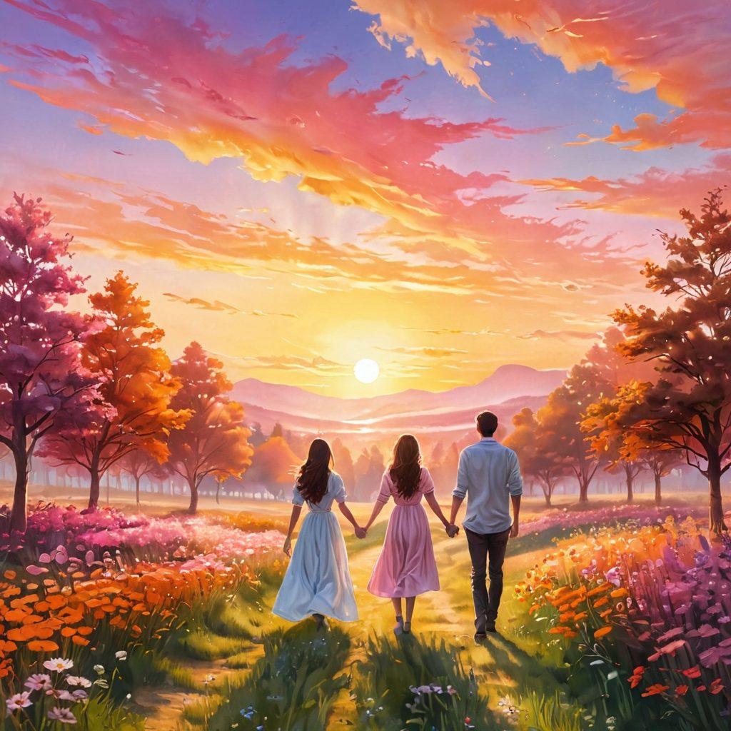 A serene sunrise over a tranquil landscape, symbolizing new beginnings. In the foreground, a couple stands hand in hand, gazing at the horizon filled with vibrant hues of orange, pink, and gold. Delicate flowers bloom around them, representing growth and affection. Gentle rays of sunlight illuminate their faces, creating an aura of hope and warmth. whimsical illustration. bright colors. soft focus.