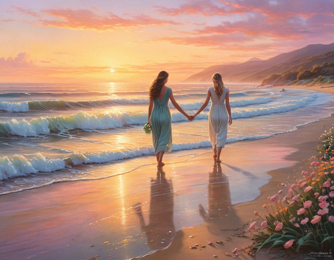 A serene dawn landscape with soft pastel colors illuminating the sky, showcasing a couple holding hands on a tranquil beach, waves gently lapping at their feet. In the foreground, blooming flowers with dew drops symbolize awakening feelings, while a warm, golden light envelops them, suggesting intimacy and new beginnings. super-realistic. vibrant colors. soft focus.